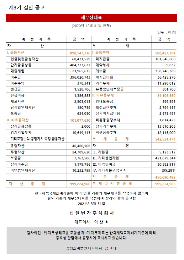 11번가 주식회사 제3기 결산공고를 위한 재무제표