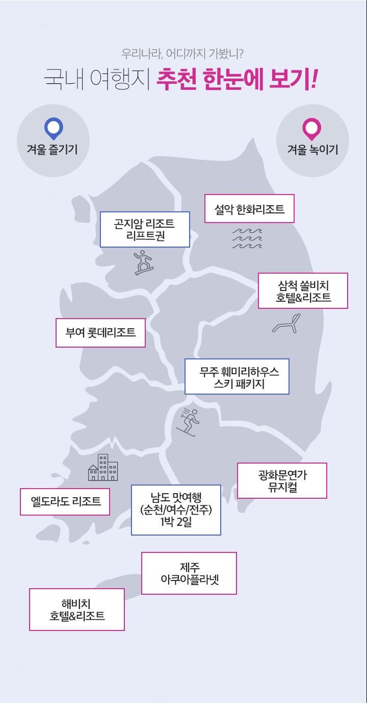 국내 여행지 추천을 한눈에 볼 수 있는 인포그래픽. 곤지암리조트, 삼척 쏠비치 호텔&리조트 등이 있다.