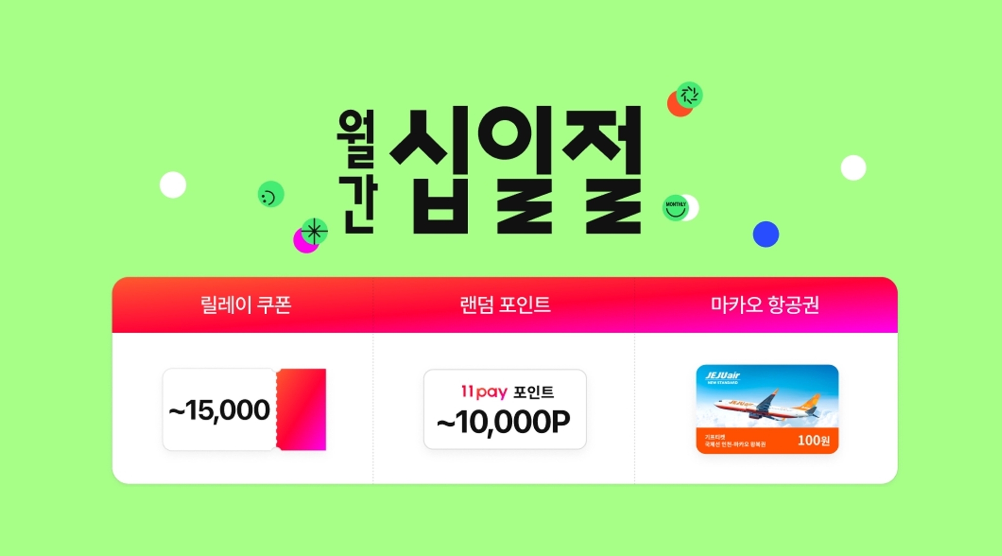 월간십일절 릴레이쿠폰 15000원 랜던포인트 1만포인트 마카오항공권 100원딜 혜택 안내 배너